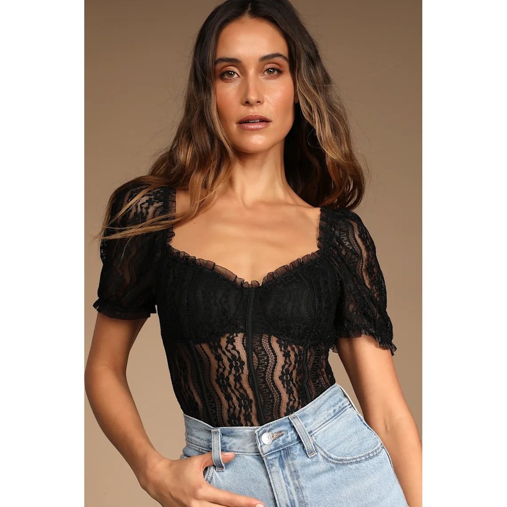 Lulus Womens Feeling Flirtatious Floral Lace Puff Sleeve Bustier Bodysuit Size M